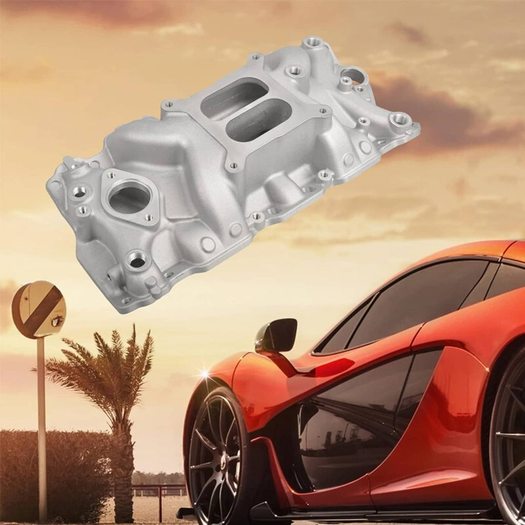 Aluminum dual-plane intake manifold with intake runner openings and mounting tabs