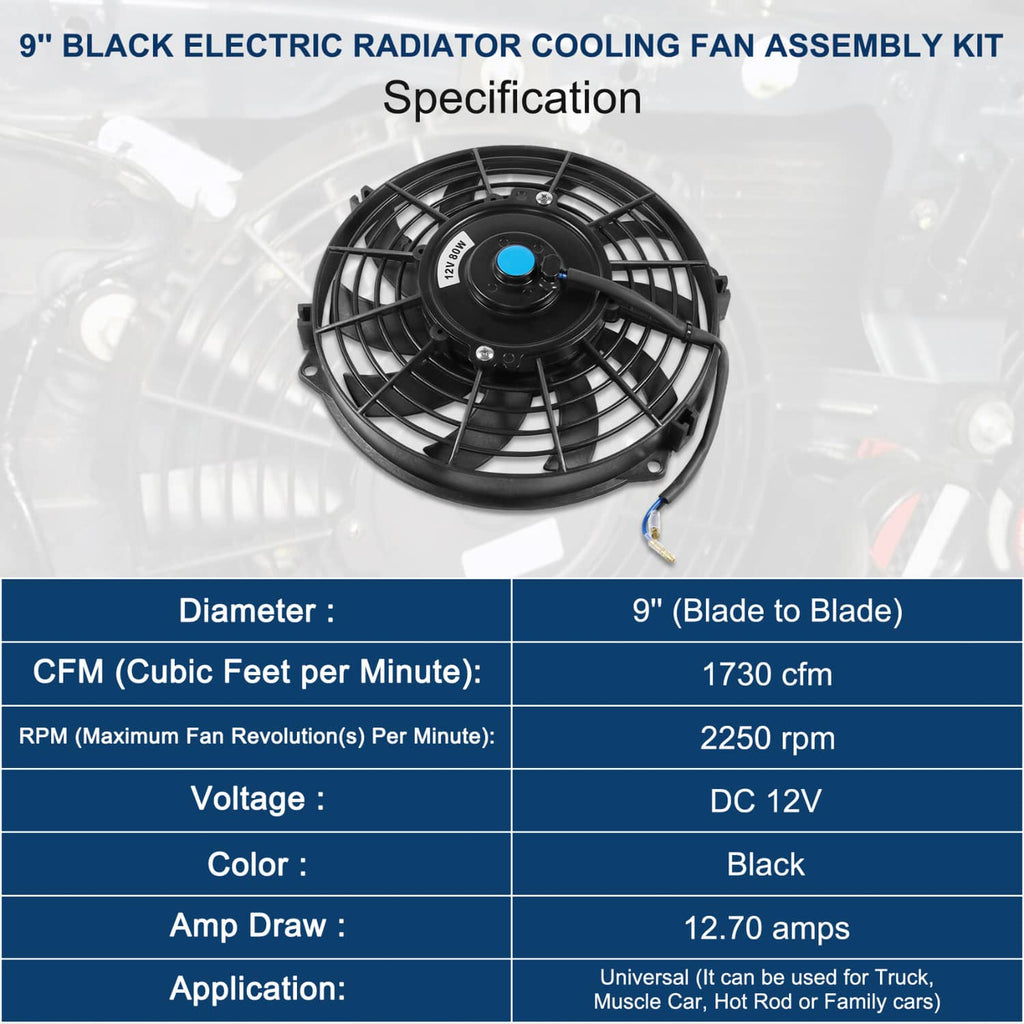 Black 12V electric radiator cooling fan assembly kit, 9 inch