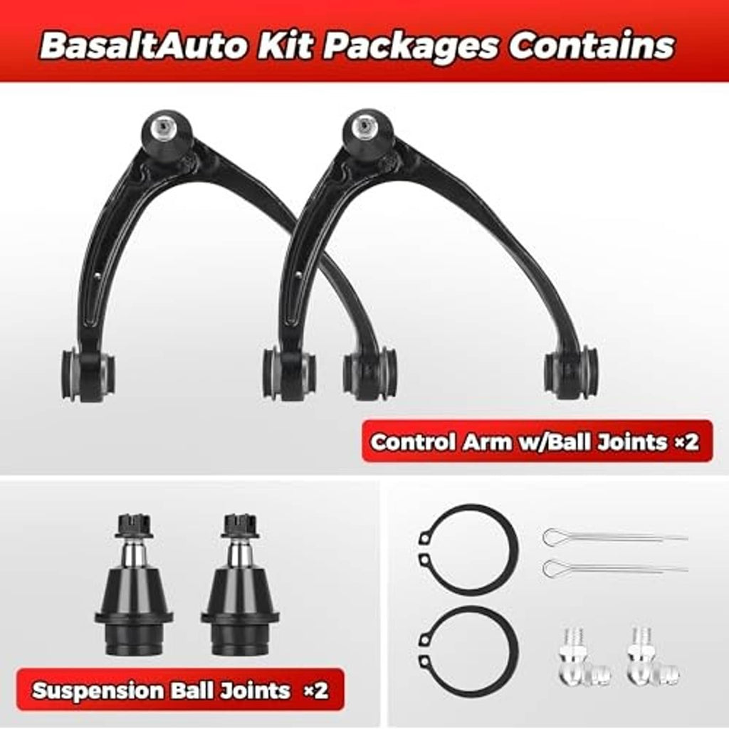 Control arm kit with two black arms, two ball joints, and small hardware pieces