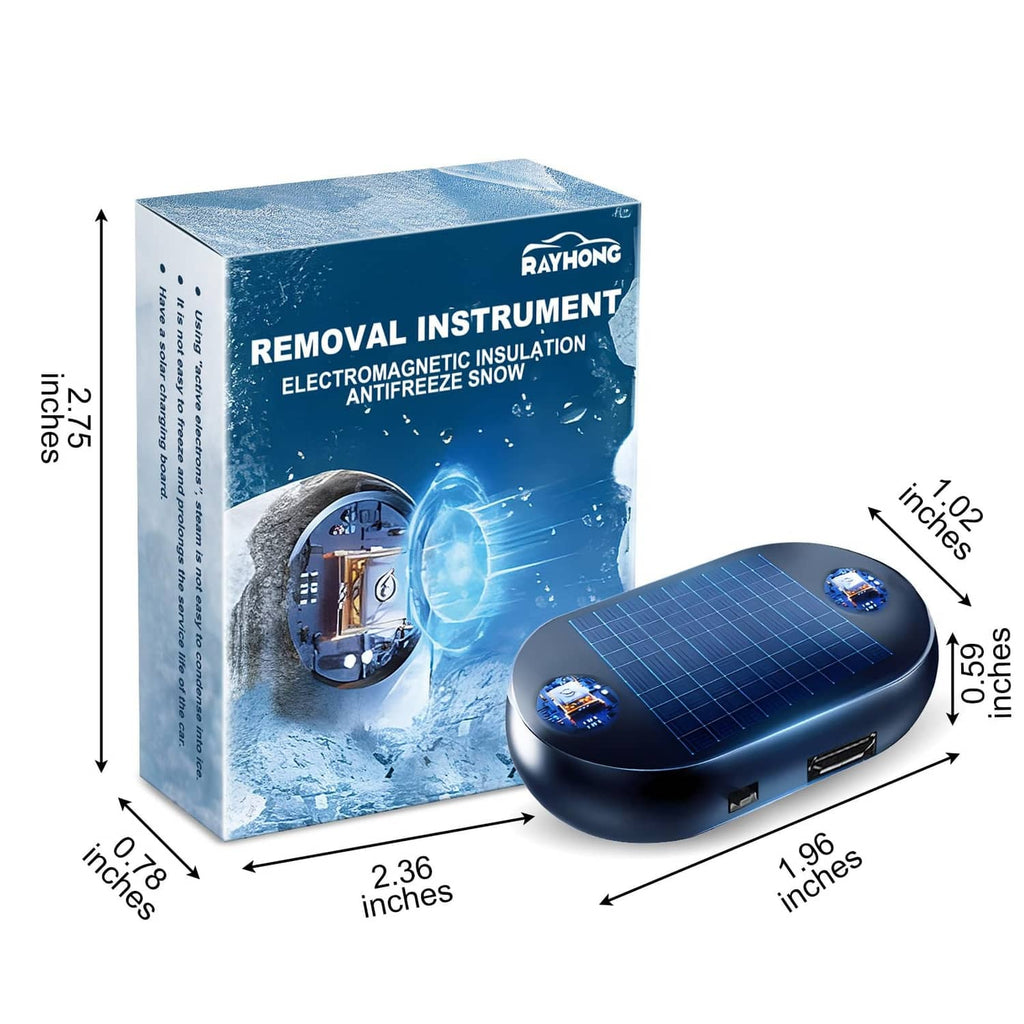 Rectangular product box and blue electromagnetic snow removal device with size labels