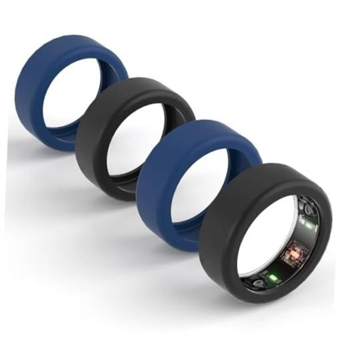 Set of four silicone ring protectors in black and blue, with open inner centers.