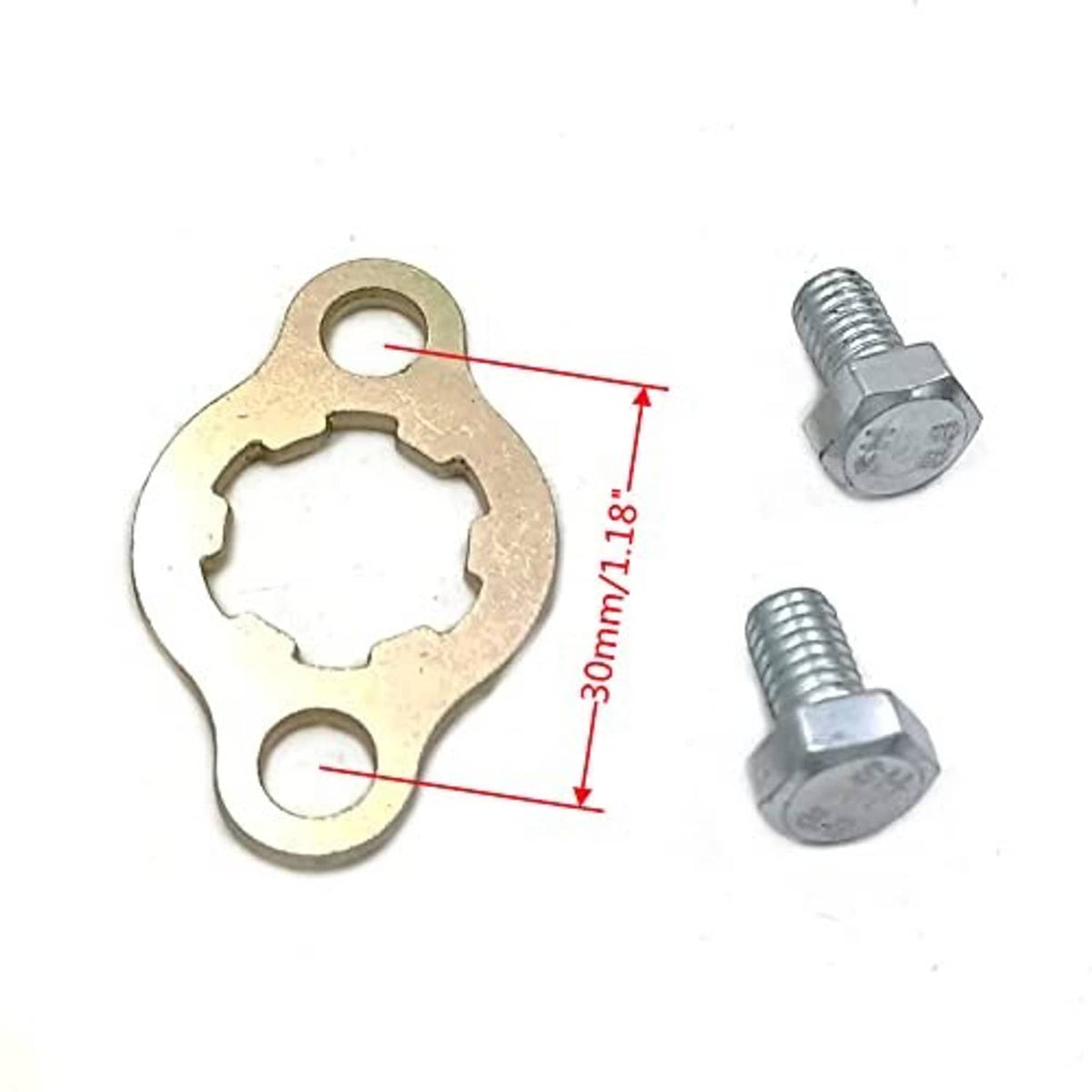 Front sprocket mounting plate with bolt hardware and size marking 30mm/11.8in