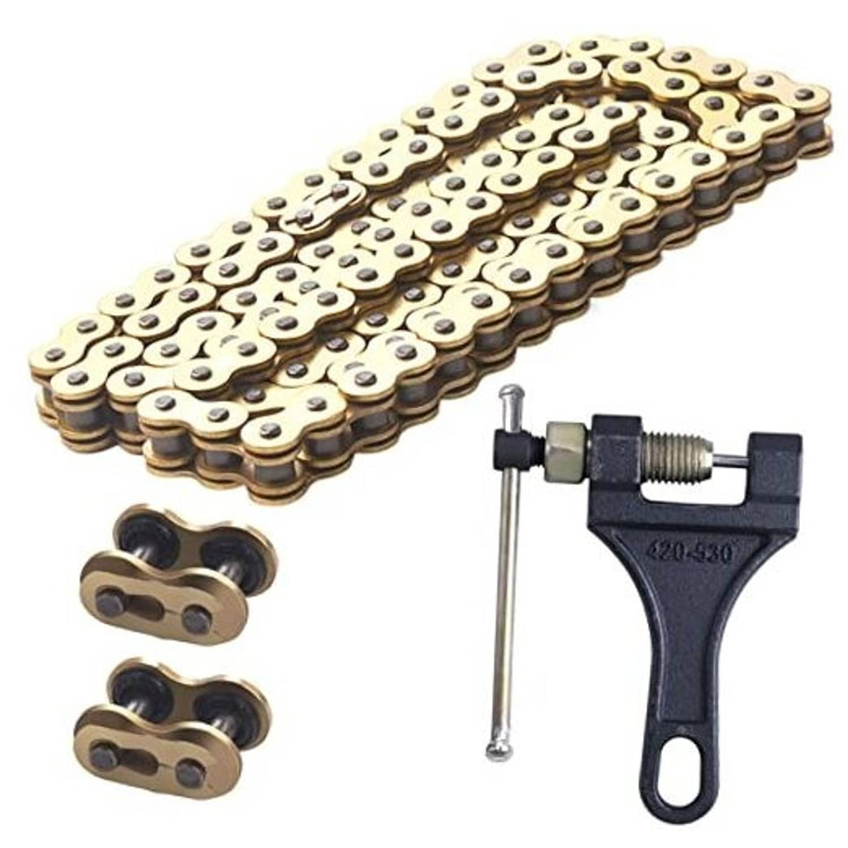 Gold X-ring roller motorcycle chain kit with chain breaker and connecting link pins