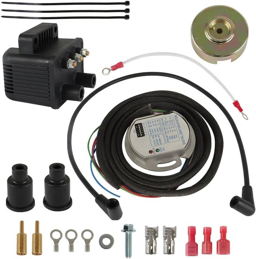 Programmable ignition kit with black control box, digital module, harness, and mounting disc.