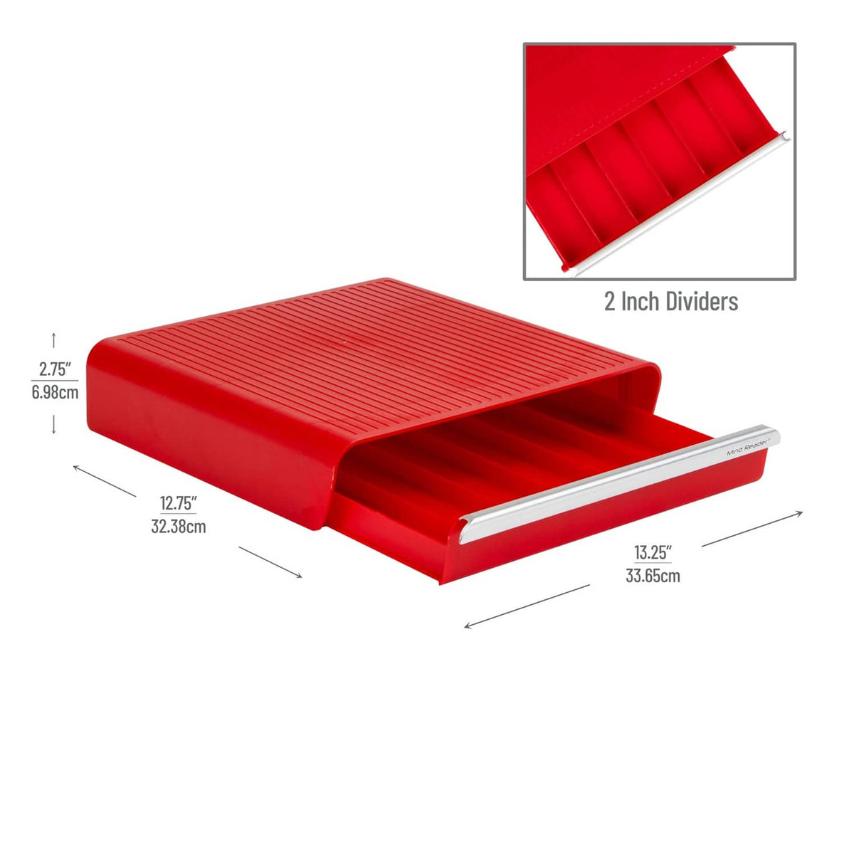 Red pod drawer with ridged insert and built-in two-inch dividers for pods