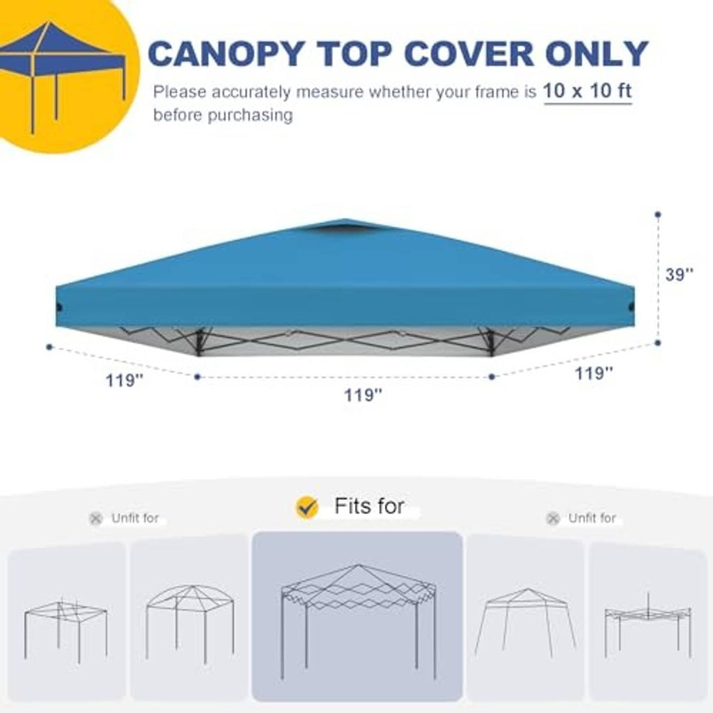 Blue canopy top cover only with size measurements for 10x10 ft frames.