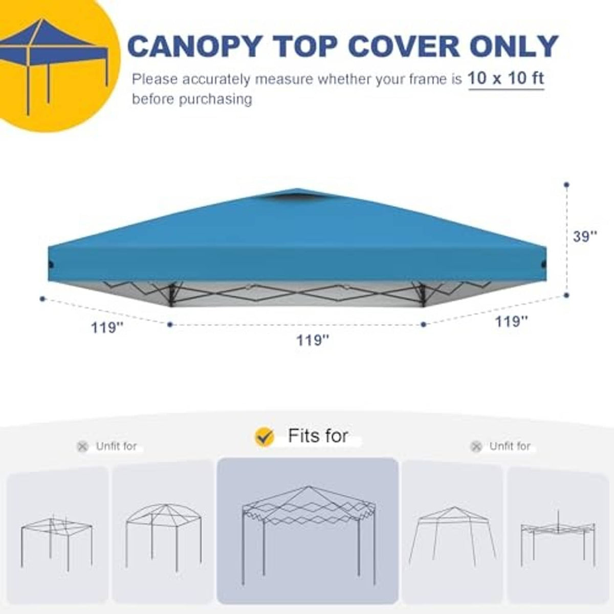 Blue canopy top cover only with size measurements for 10x10 ft frames.