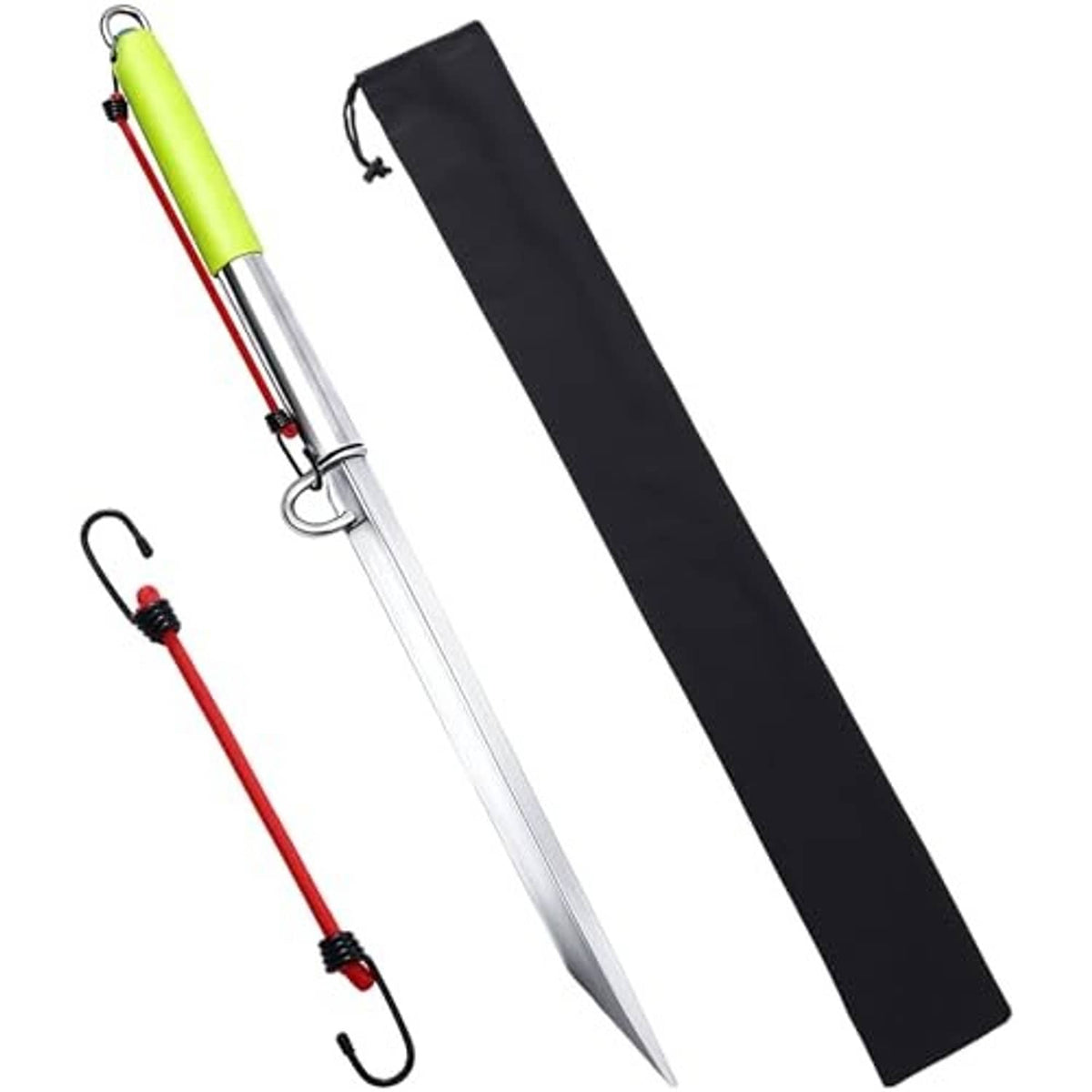 39-inch sand spike boat anchor set with neon green handle, silver pole, black cover.