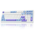 Mechanical keyboard with white body and blue, purple, and white keycaps.