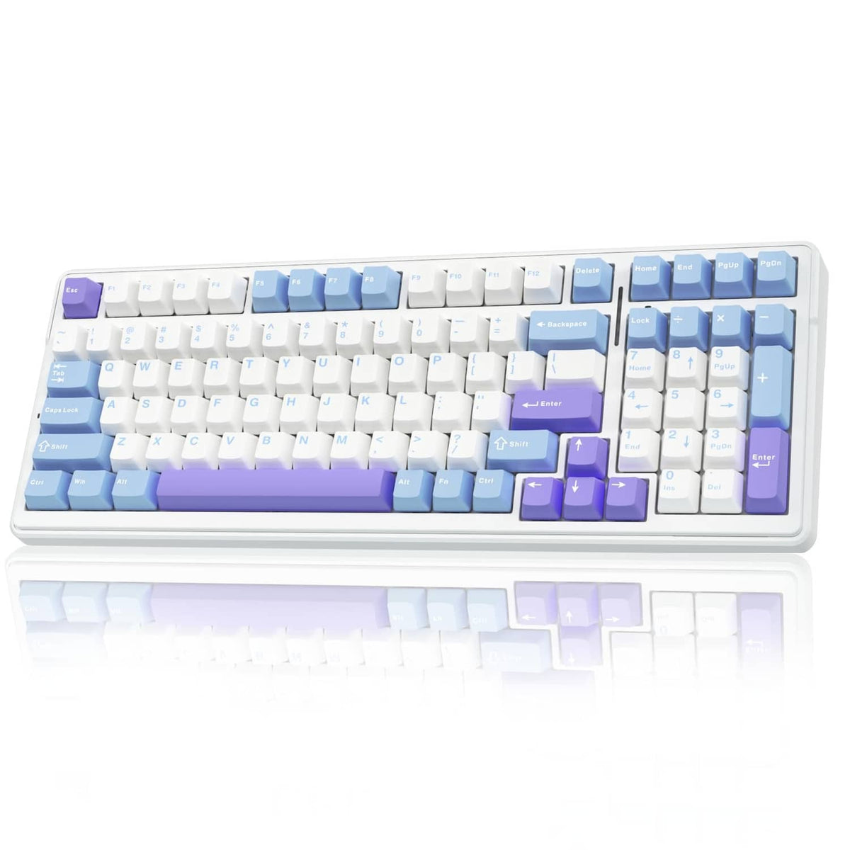 Mechanical keyboard with white body and blue, purple, and white keycaps.