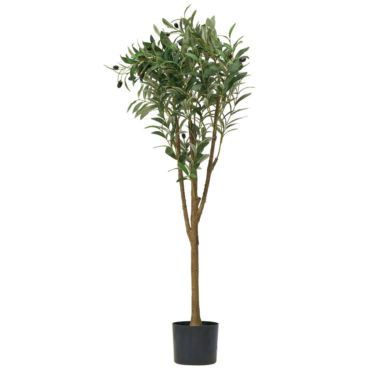 Tall artificial olive tree in black pot, green leaves