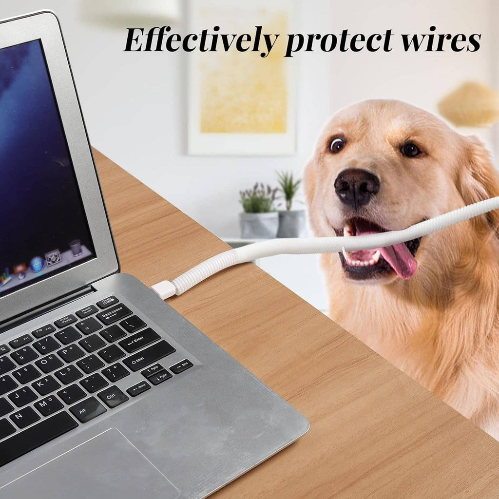 White ribbed cable protector tube running along a desk, shown with pet use