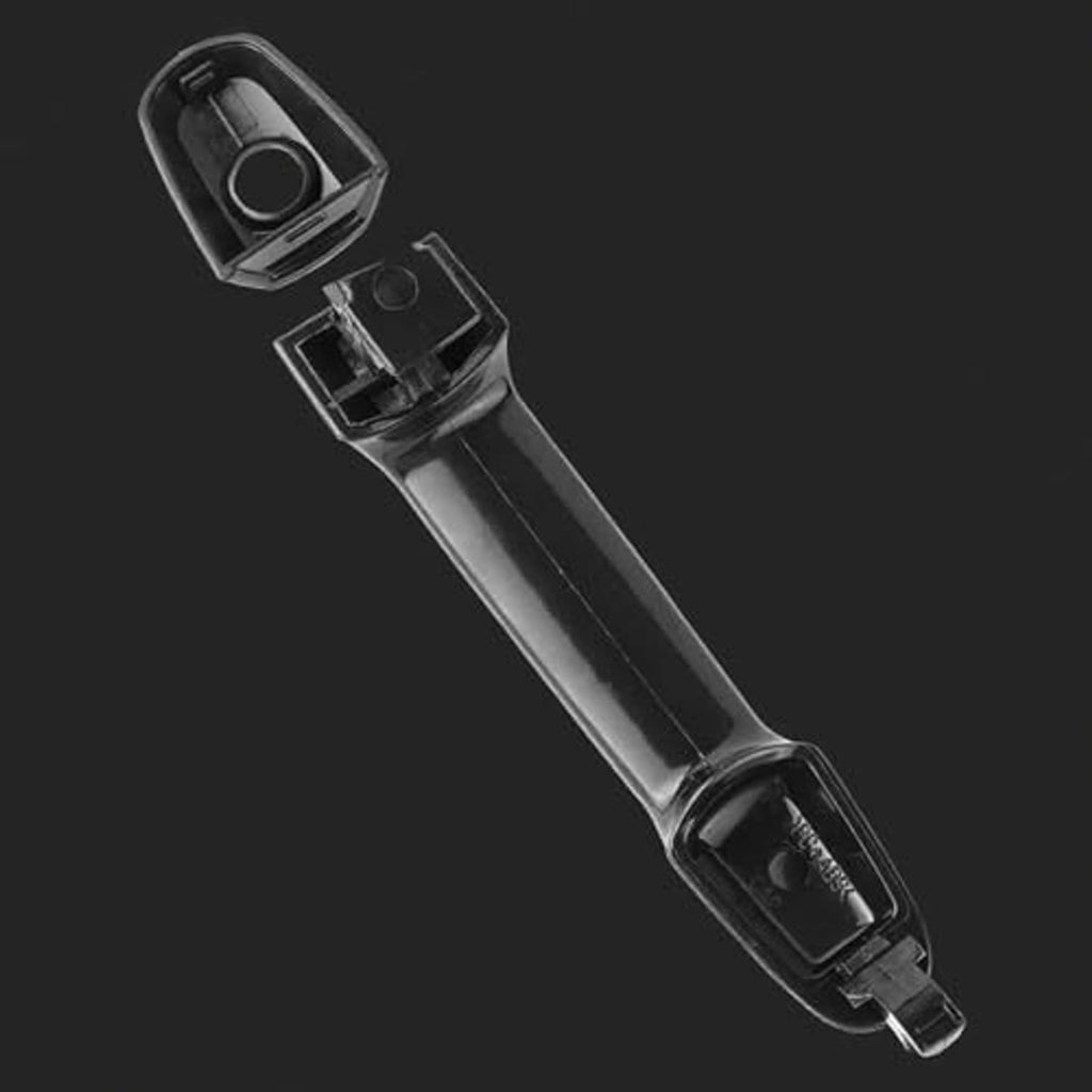 Front exterior door handle with mounting clips and round keyhole opening