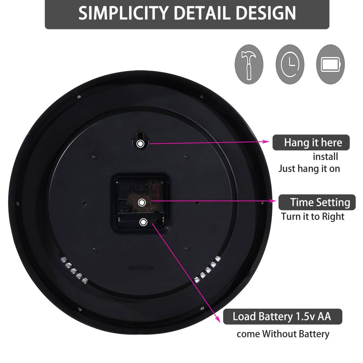 Back view of black wall clock showing battery compartment and mounting screw holes.