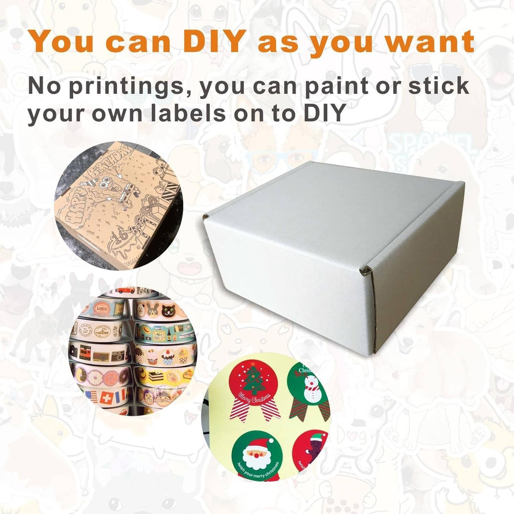 Unprinted cardboard shipping box for DIY labels, blank white-and-brown mailer
