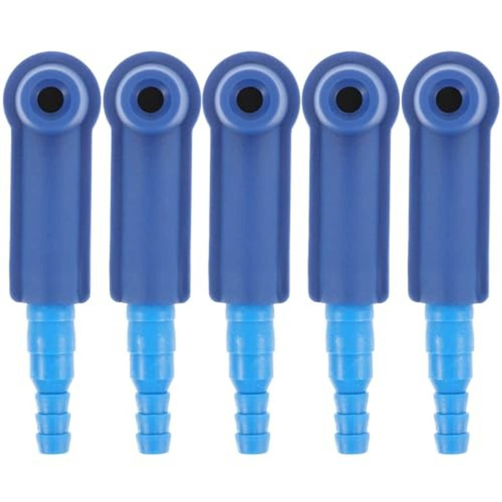Five blue brake tubing connectors shown upright, each with a circular center port