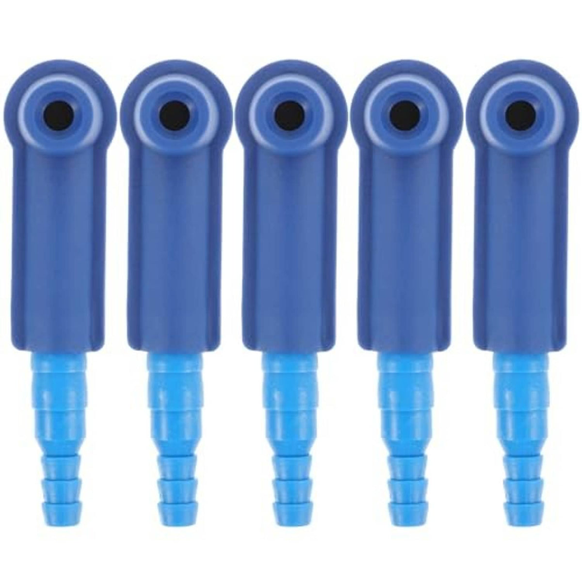 Five blue brake tubing connectors shown upright, each with a circular center port