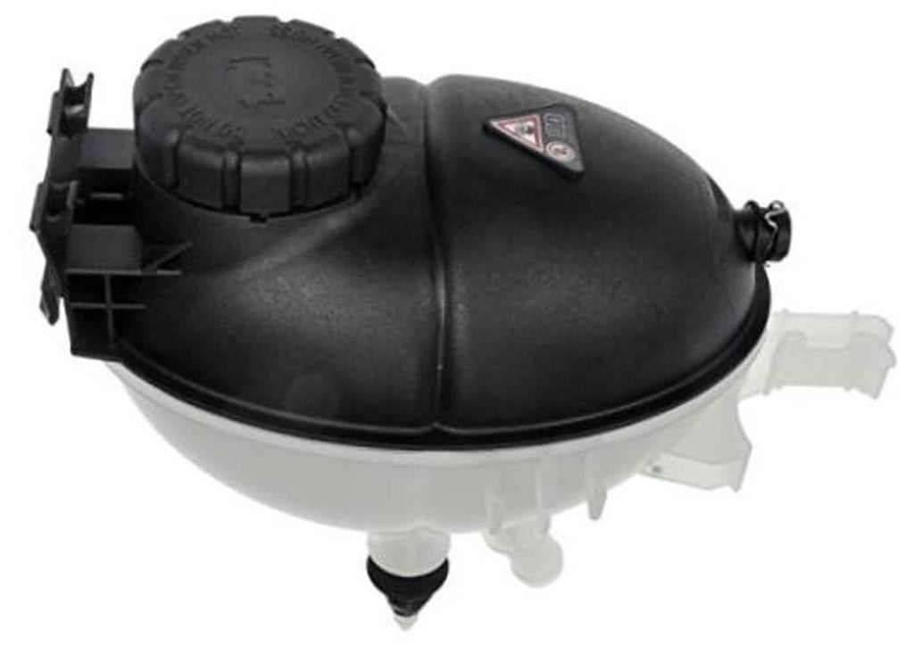 Pressurized coolant reservoir with black cap, translucent body, and mounting bracket