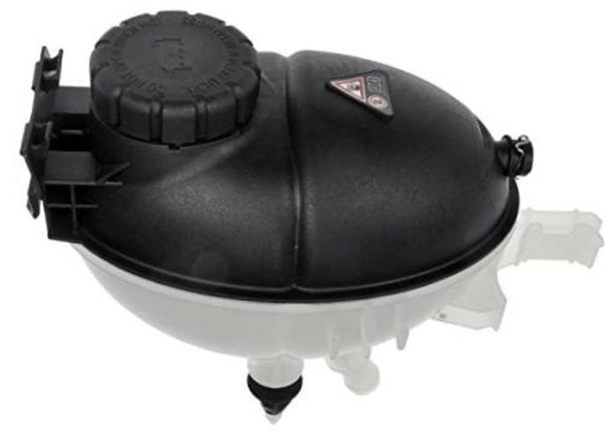 Pressurized coolant reservoir with black cap, translucent body, and mounting bracket