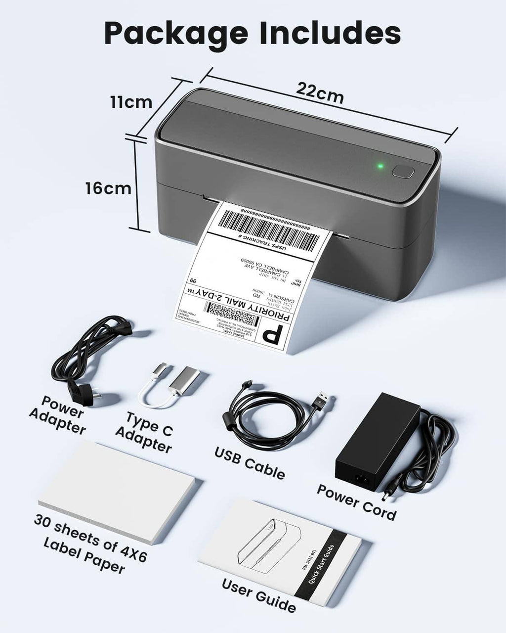 Gray shipping label printer box contents with power adapter, cables, and user guide