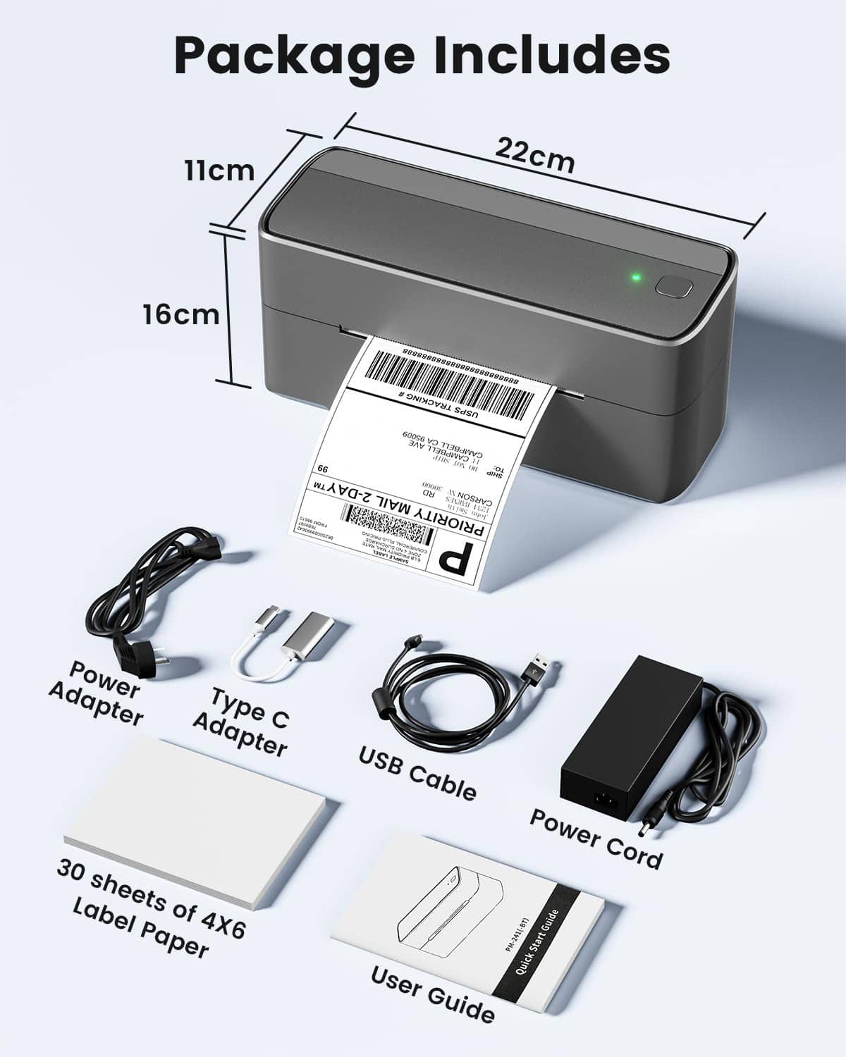 Gray shipping label printer box contents with power adapter, cables, and user guide