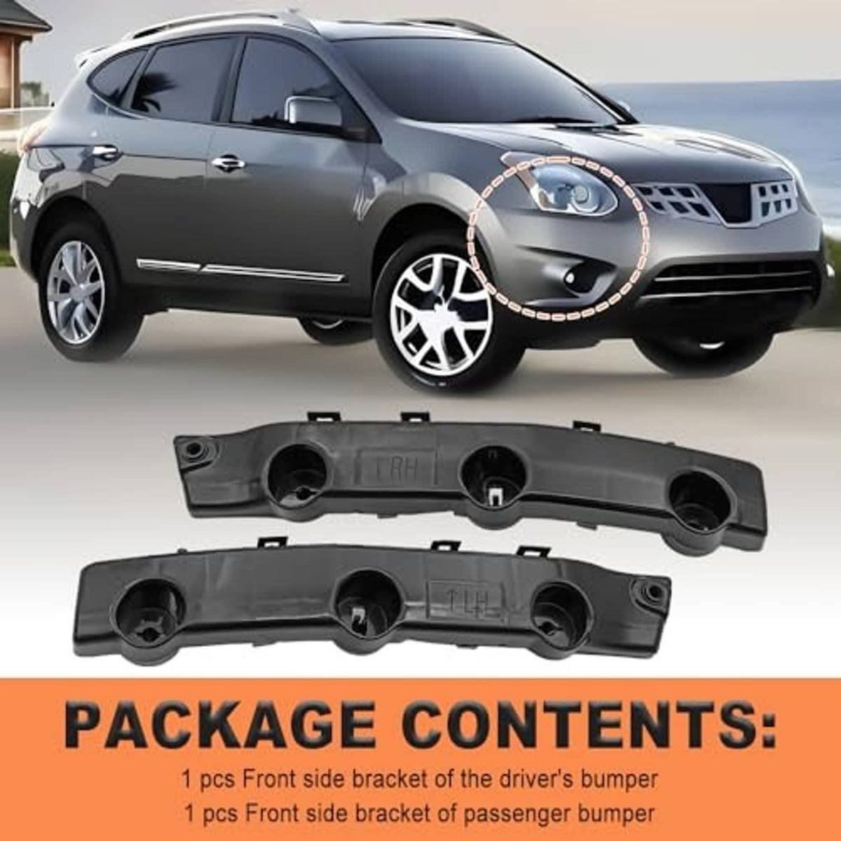 Front bumper bracket pair, dark plastic with round openings and side mounting studs