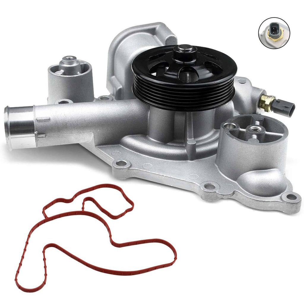 Water pump assembly with sensor connector, black pulley, silver housing, red gasket included