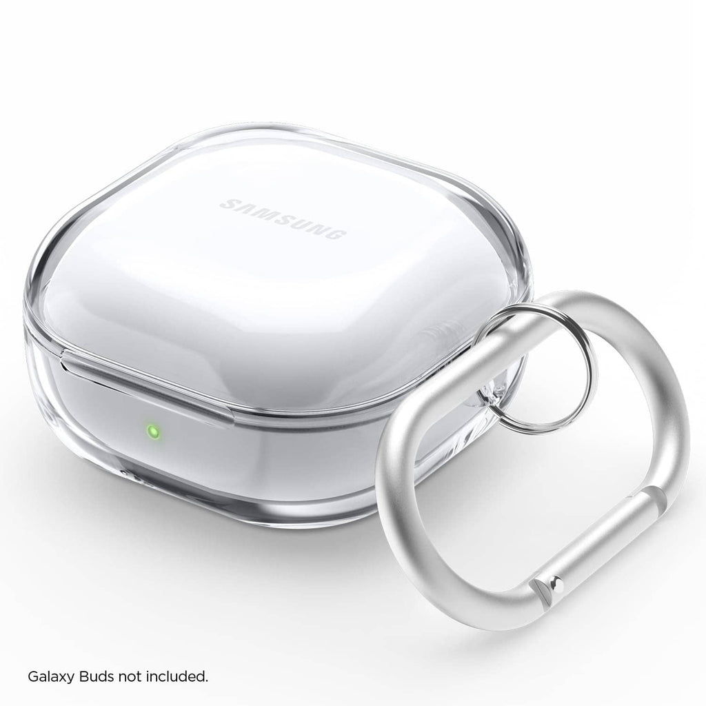 Clear hard earbuds case with keyring loop and protective charging-case lid