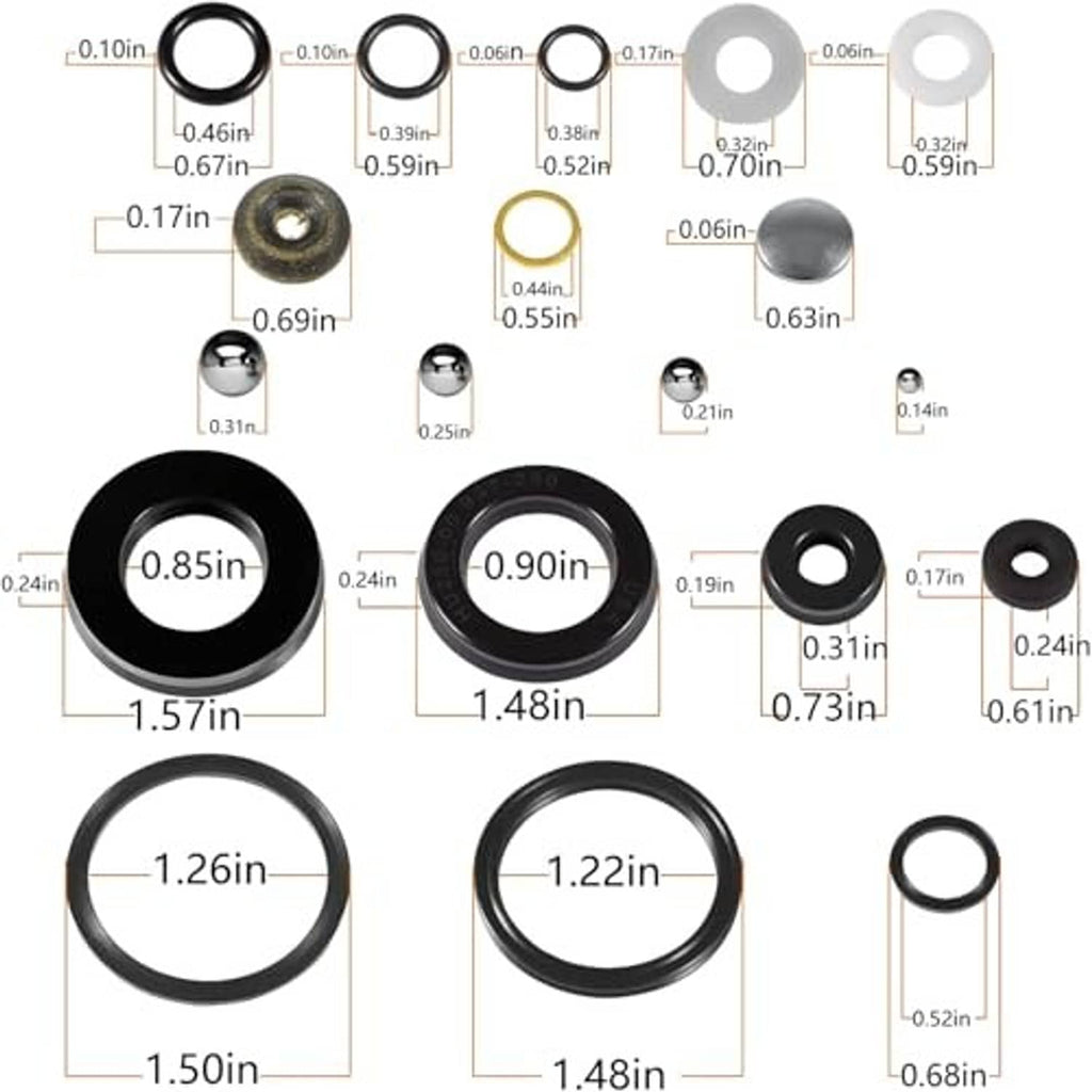 Floor jack seals kit size chart showing black rings, white O-rings, and metal caps