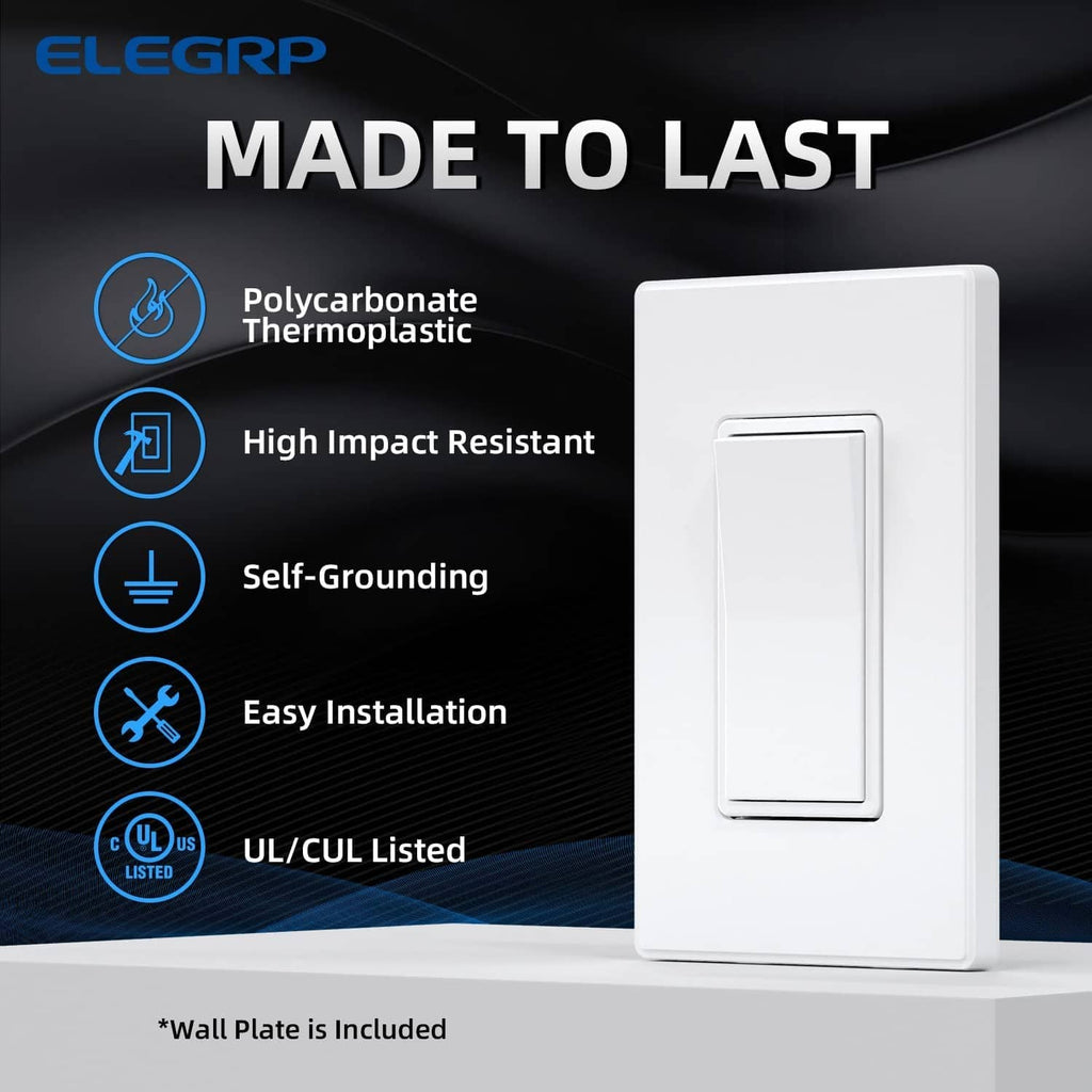 White single-pole wall switch with slim rectangular rocker and wall plate included