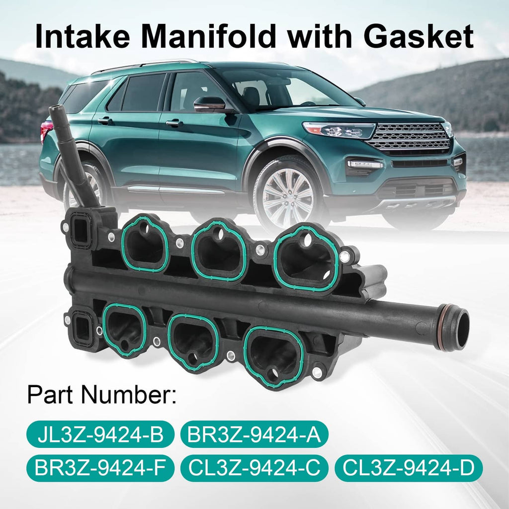 Lower intake manifold with gasket, showing six black ports with blue sealing edges