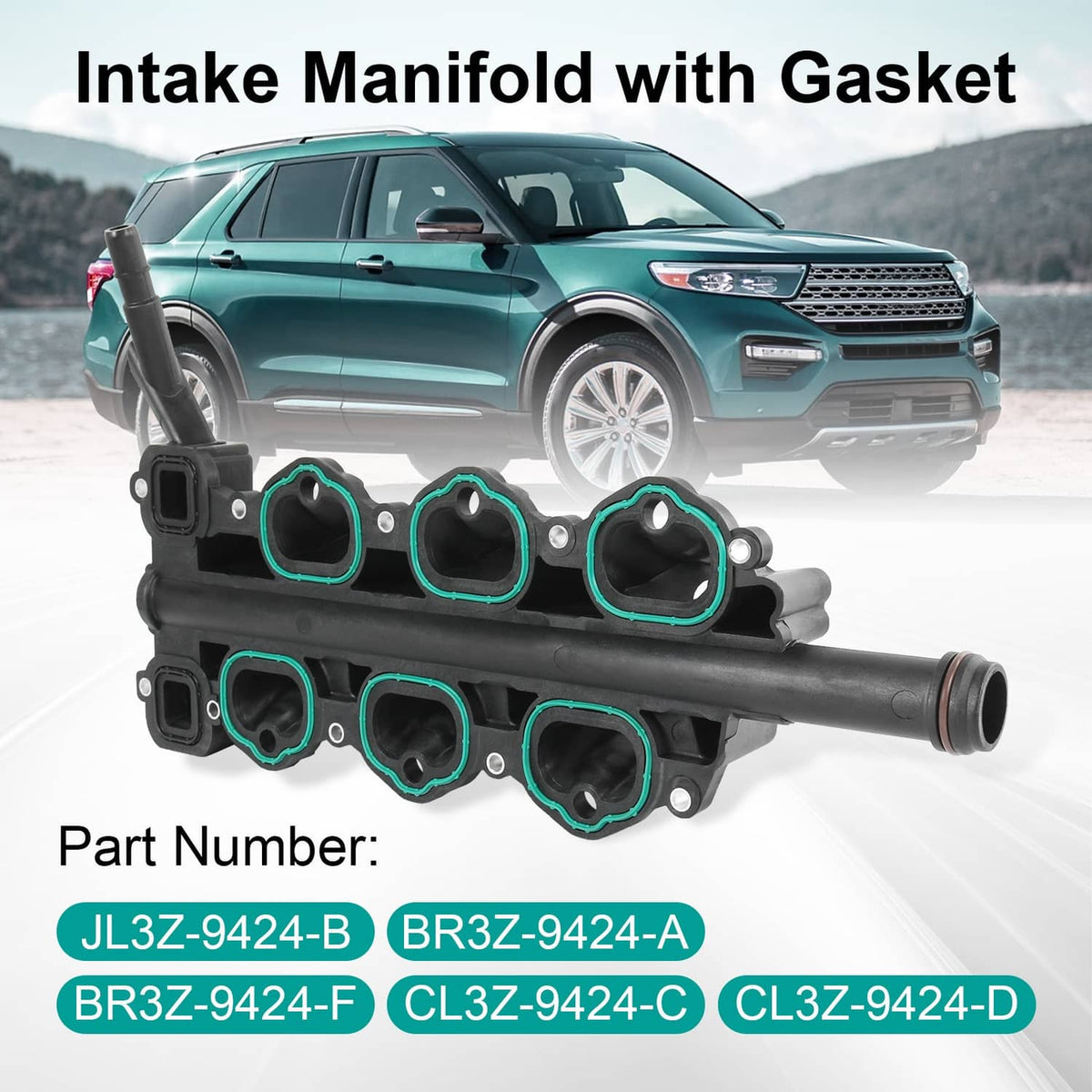 Lower intake manifold with gasket, showing six black ports with blue sealing edges