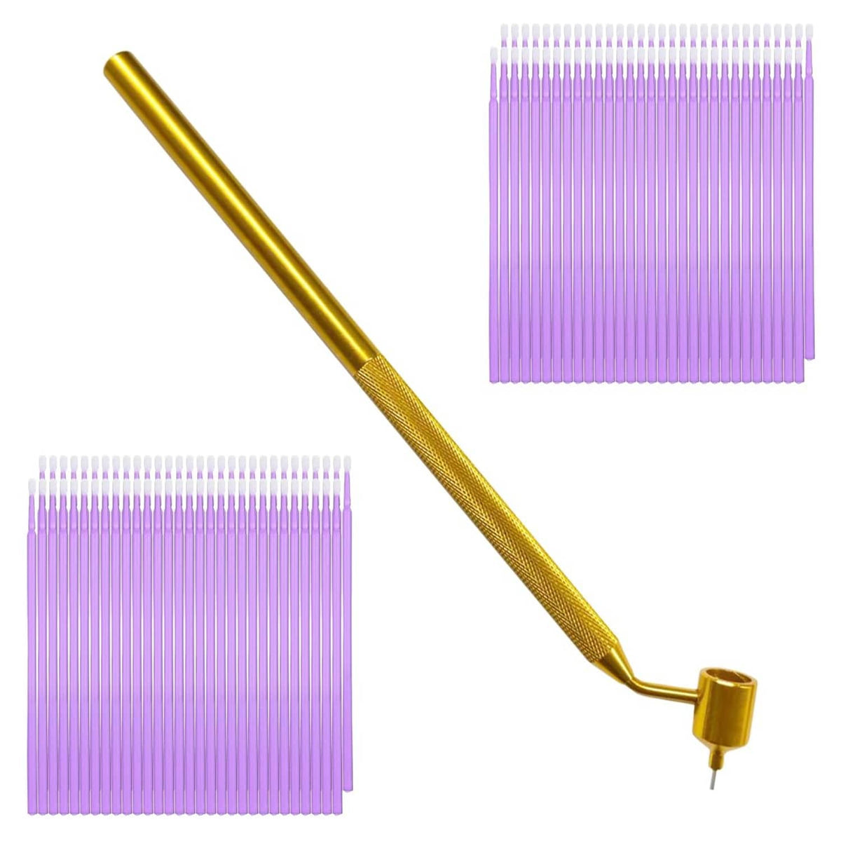 Gold car touch-up paint pen with purple refill applicator sticks