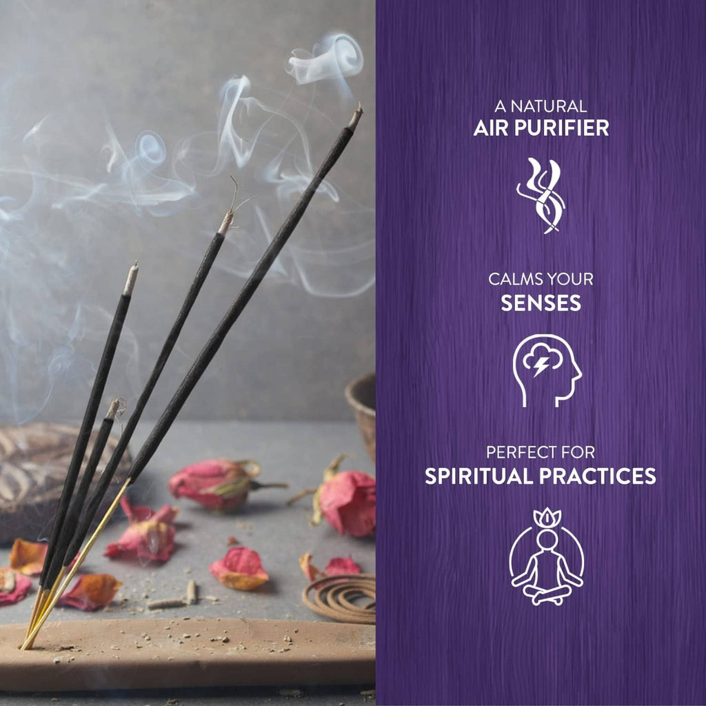 Lavender incense sticks with visible smoke near a purple air purifier info panel