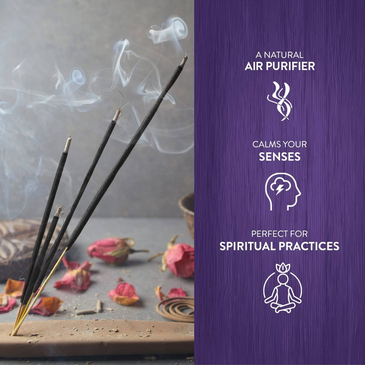 Lavender incense sticks with visible smoke near a purple air purifier info panel