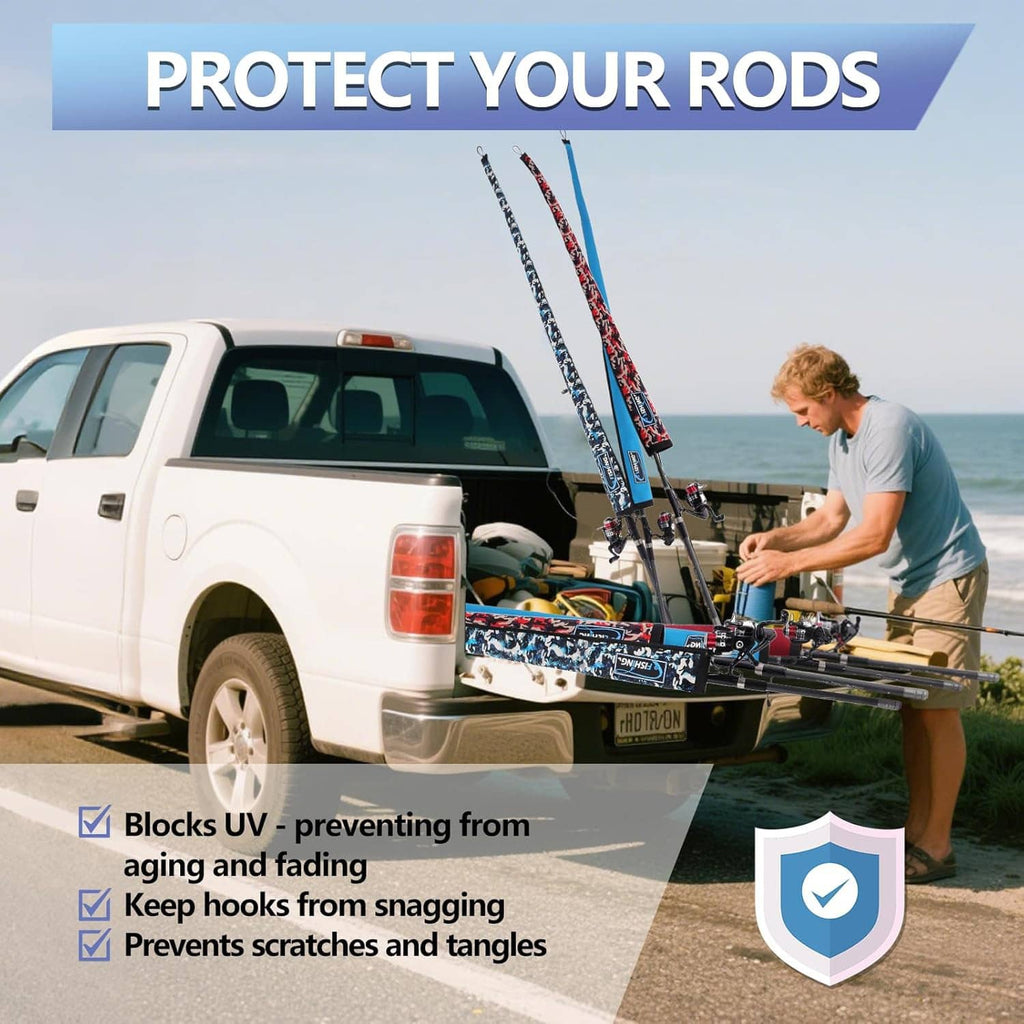 Blue camo fishing rod sleeves on rods, protecting during car travel