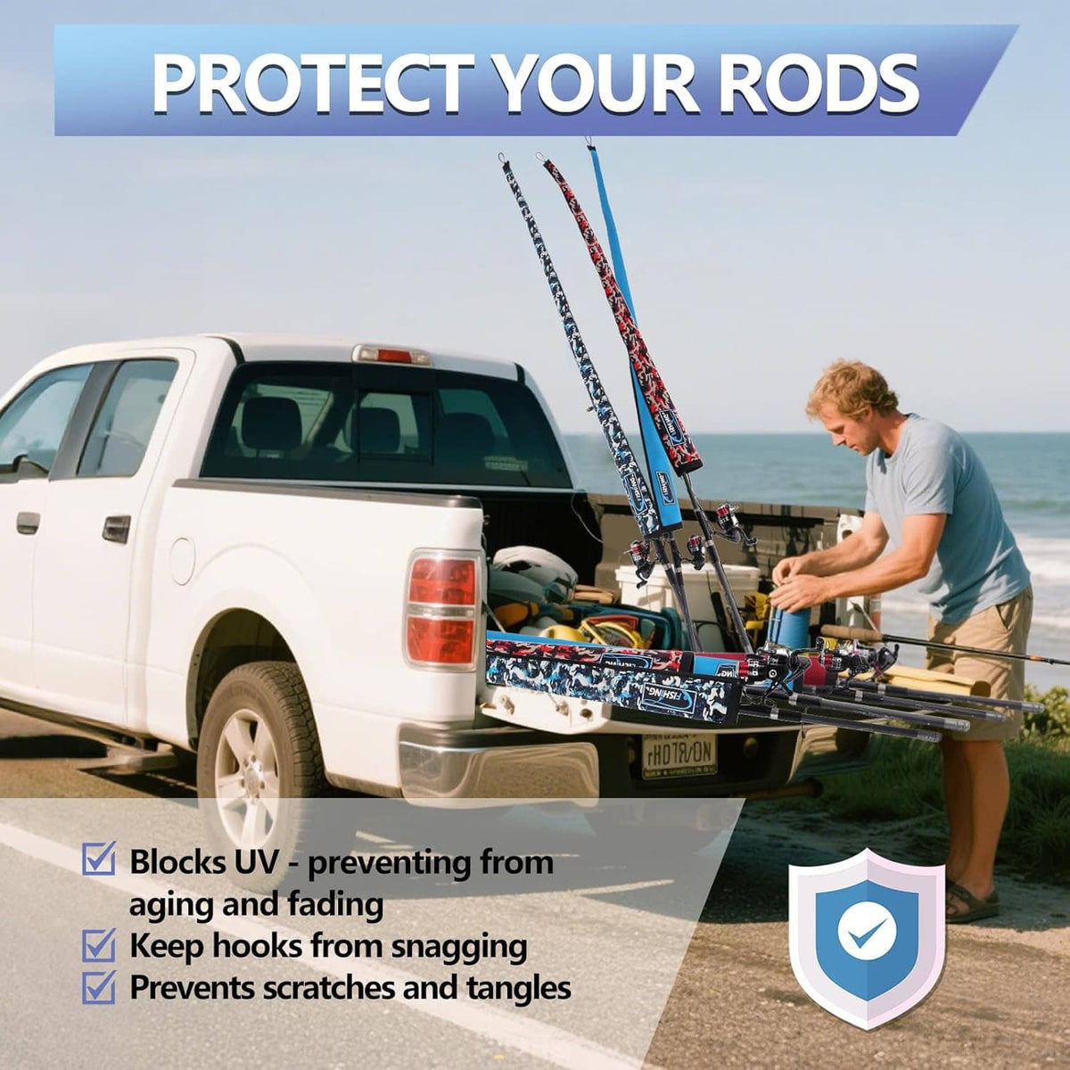 Blue camo fishing rod sleeves on rods, protecting during car travel