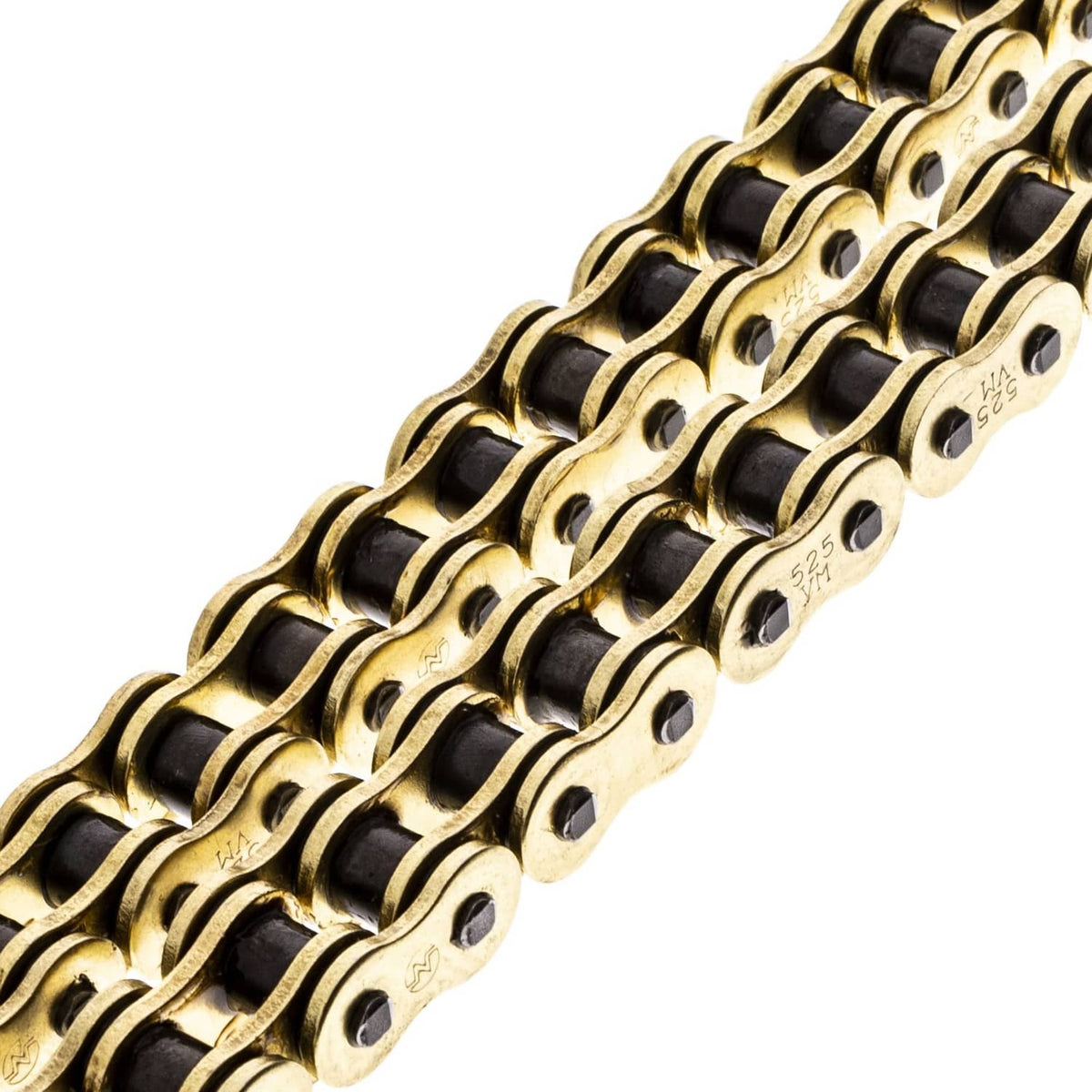 Gold X-ring drive chain links with black O-rings and side plate rivets
