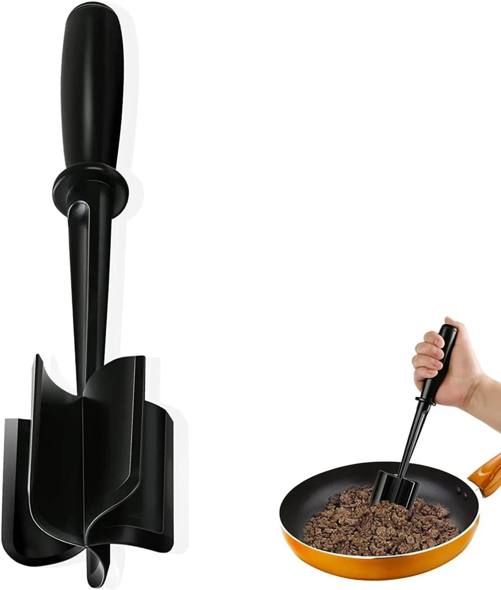 Black hamburger chopper tool with base prongs, shown held above a skillet