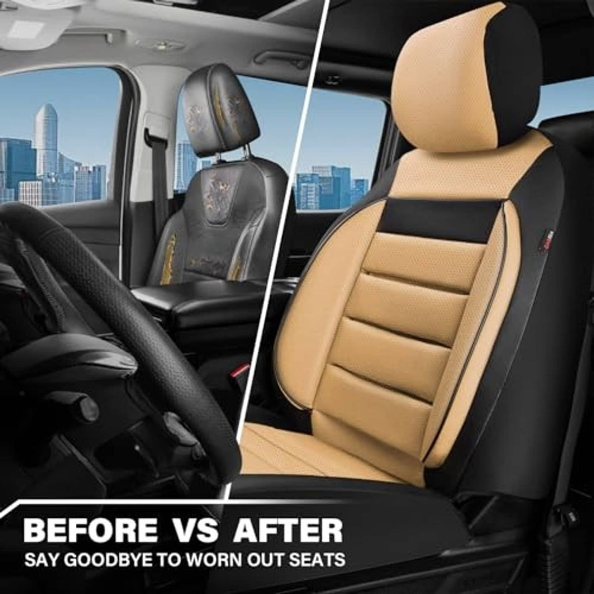 Beige and black faux leather front seat cover with quilted rows and padded headrest, installed