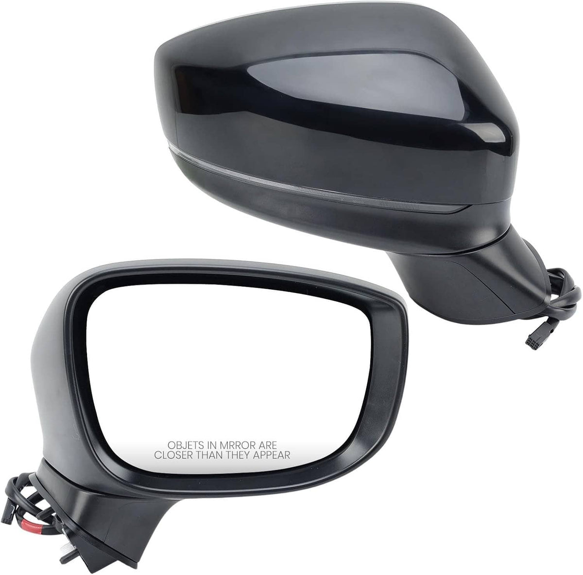 Passenger side mirror housing with reflective glass opening and attached wire harness