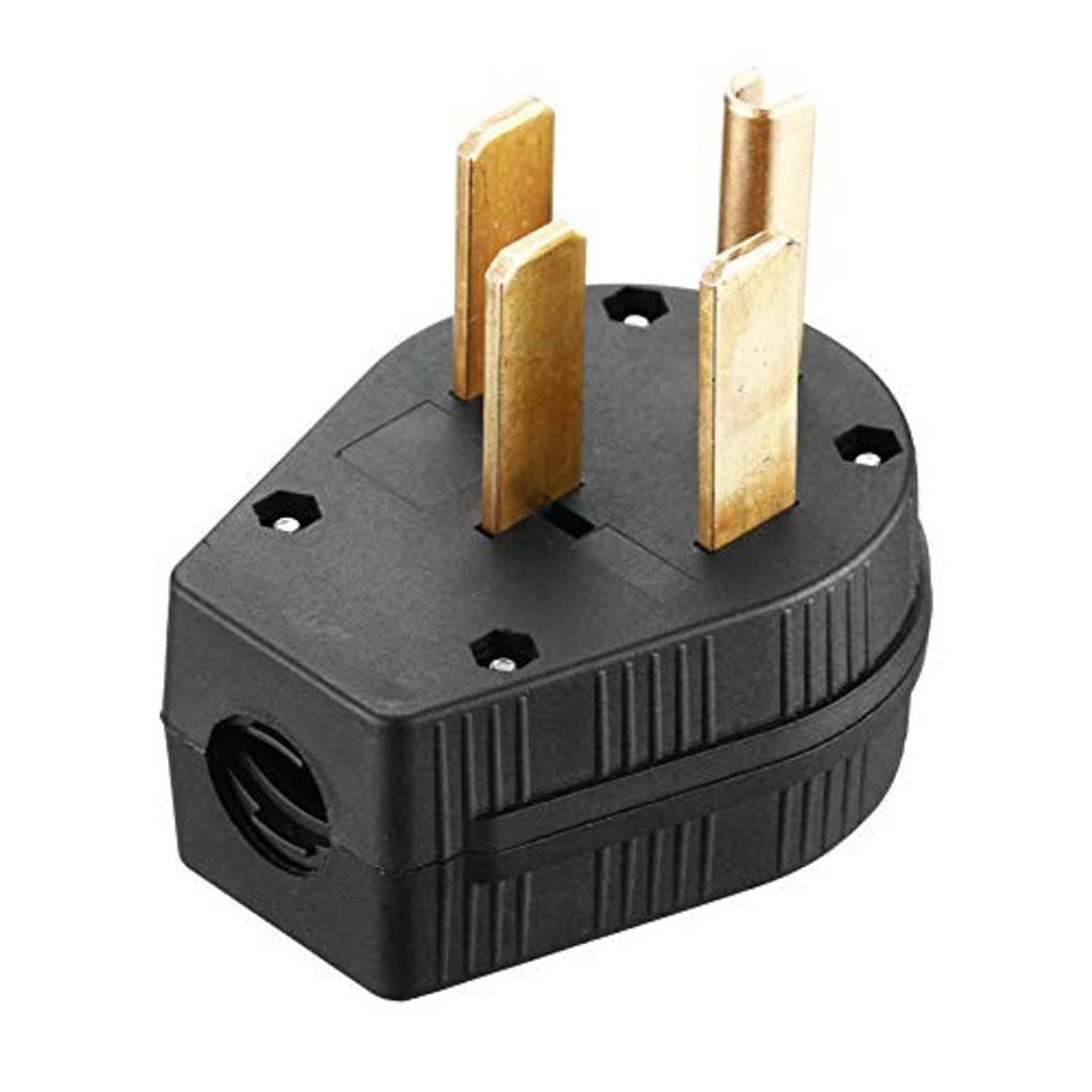 Electric dryer power plug top view with four brass blade prongs and mounting screws