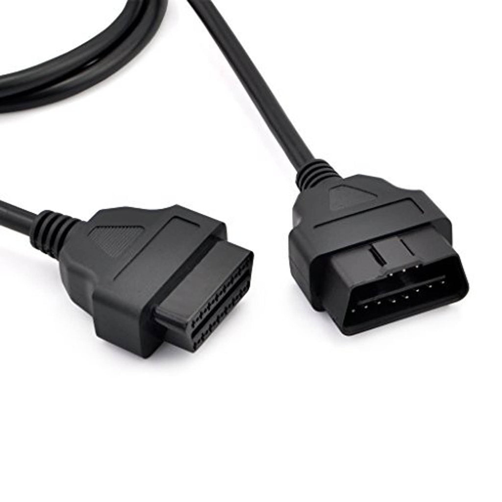 OBD diagnostic extension cable, close-up of male and female 16-pin plugs.