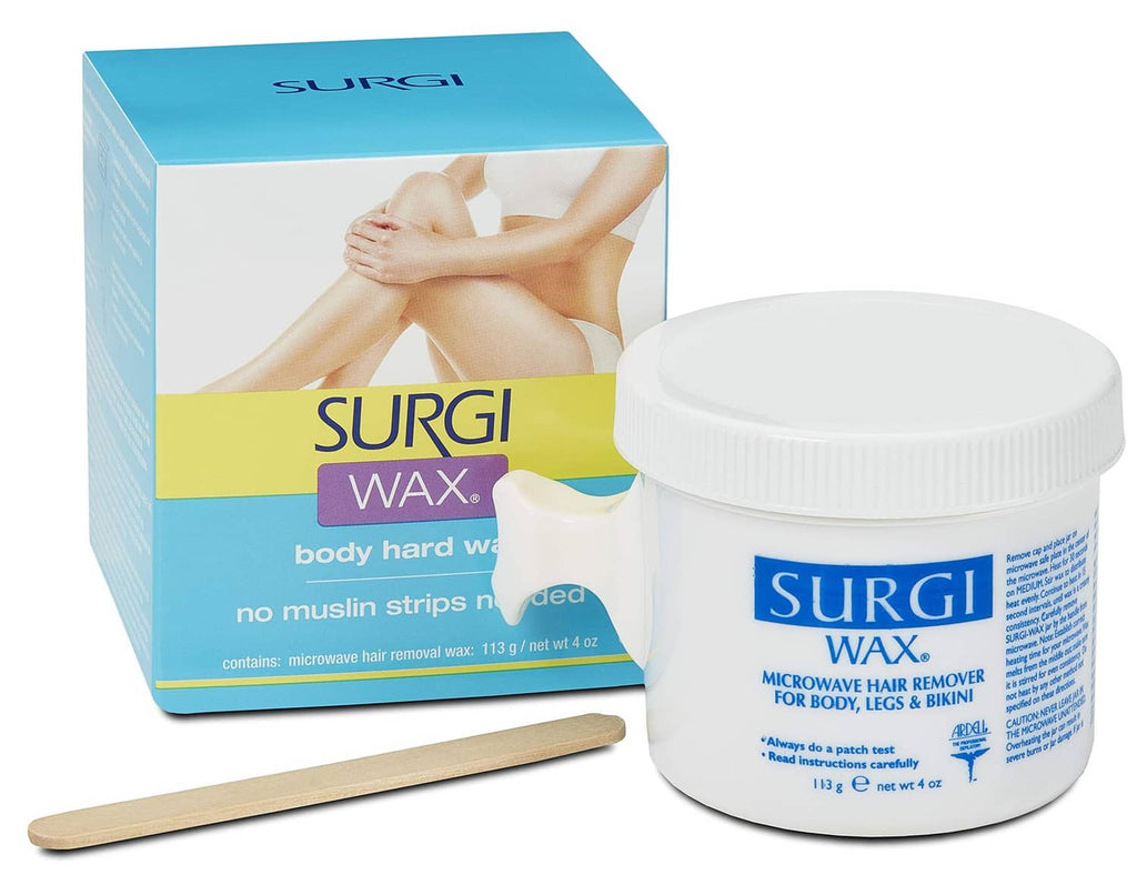Hard wax jar with white lid, Surgi label; box and wooden spatula included