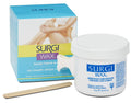 Hard wax jar with white lid, Surgi label; box and wooden spatula included
