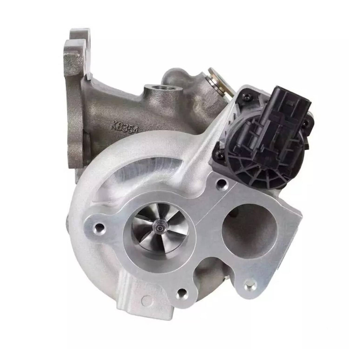 Turbocharger with actuator, side view showing turbine wheel and inlet opening.