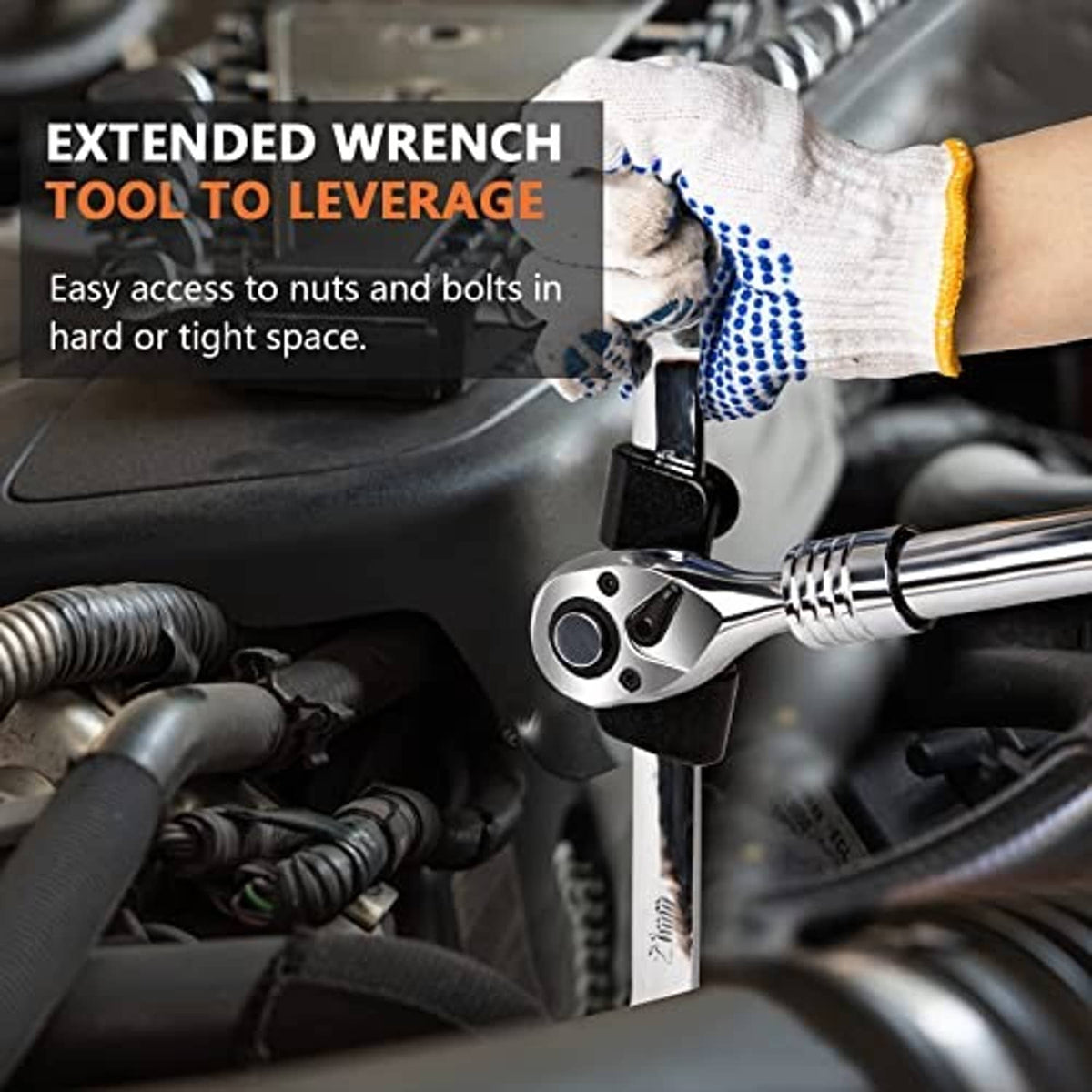 Wrench extender tool with chrome extension accessing nuts in an engine bay