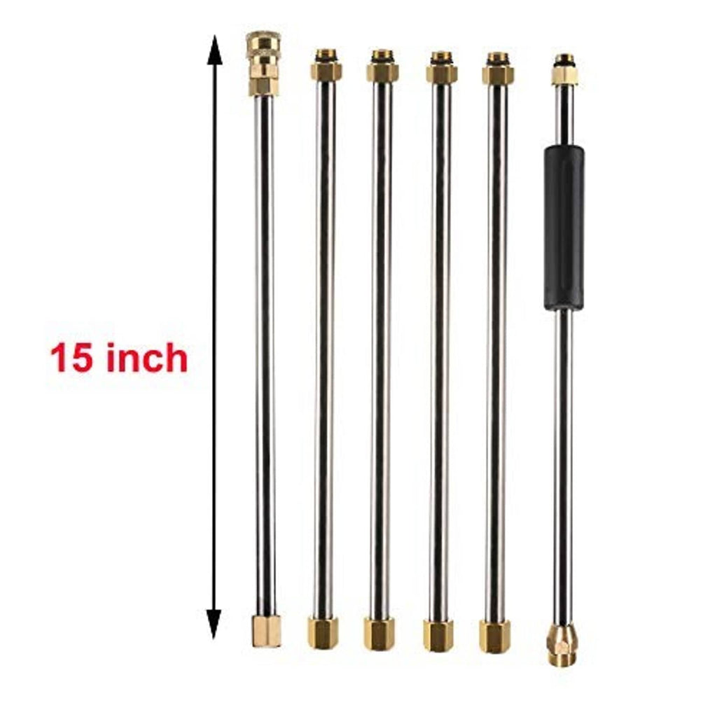 Stacked pressure washer extension wand sections with brass couplers and quick-connect ends