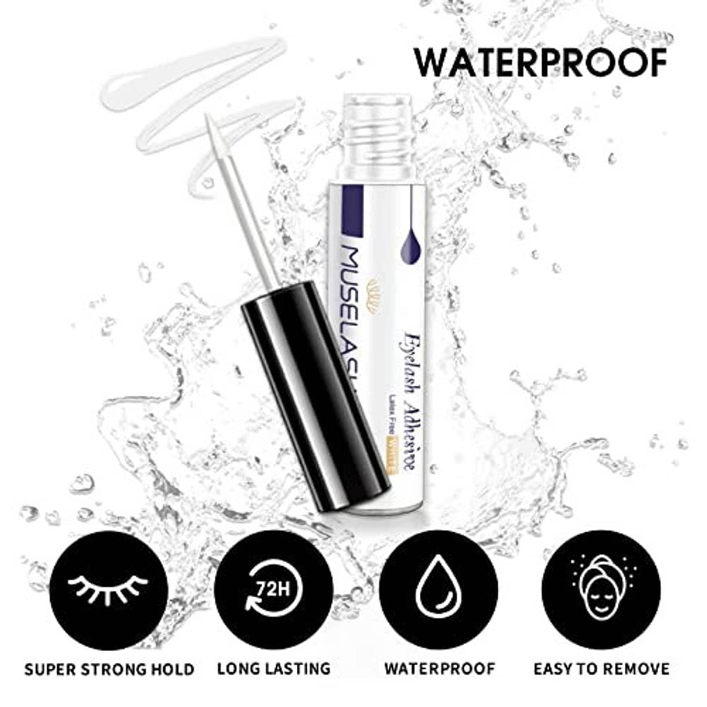 Latex-free false eyelash glue bottle with splash effect and waterproof feature icons.