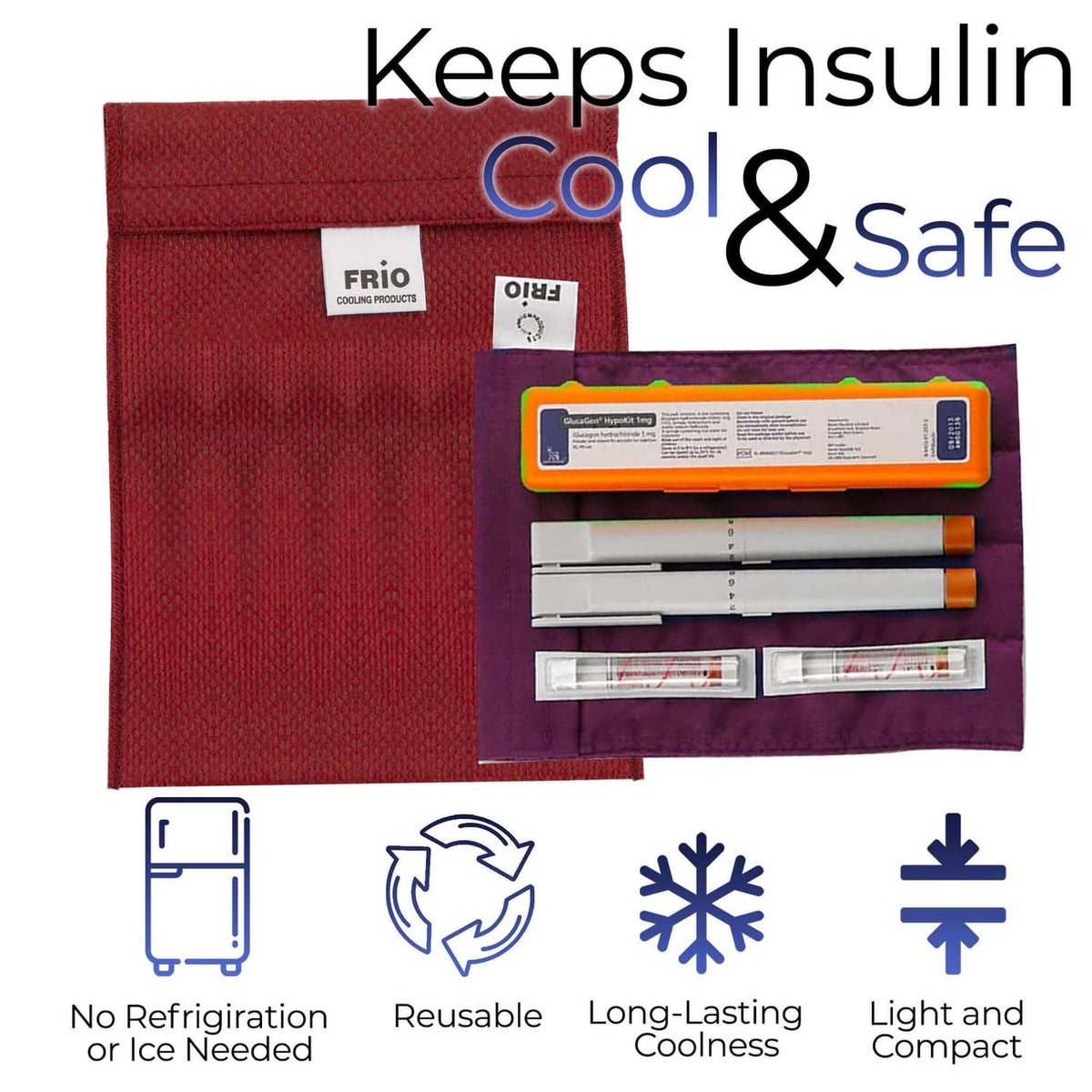 Red FRIO cooling wallet with purple insert and included storage items